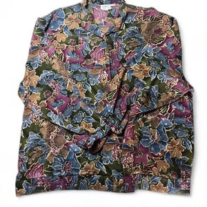 Vintage Bright Colourful Floral Button Down Collared Blouse 2X Lightweight Comfy